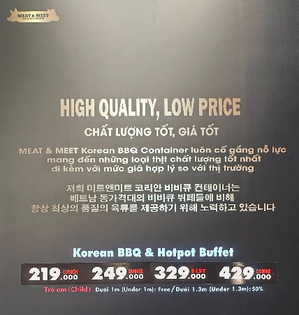 Korean BBQ & Hotpot Buffet 가격판, 점심 219 저녁 249 329 429, 어린이 요금 안내