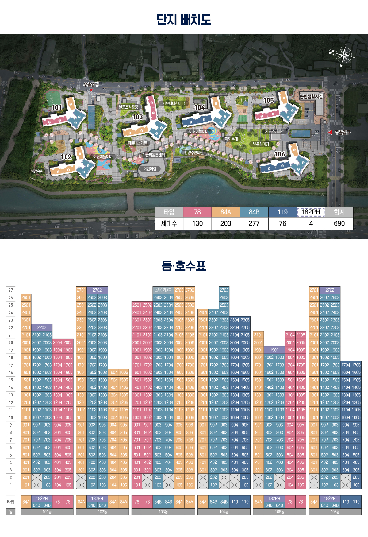 진주 판문지구 레이크써밋 웰가 단지 배치도 및 동호수표